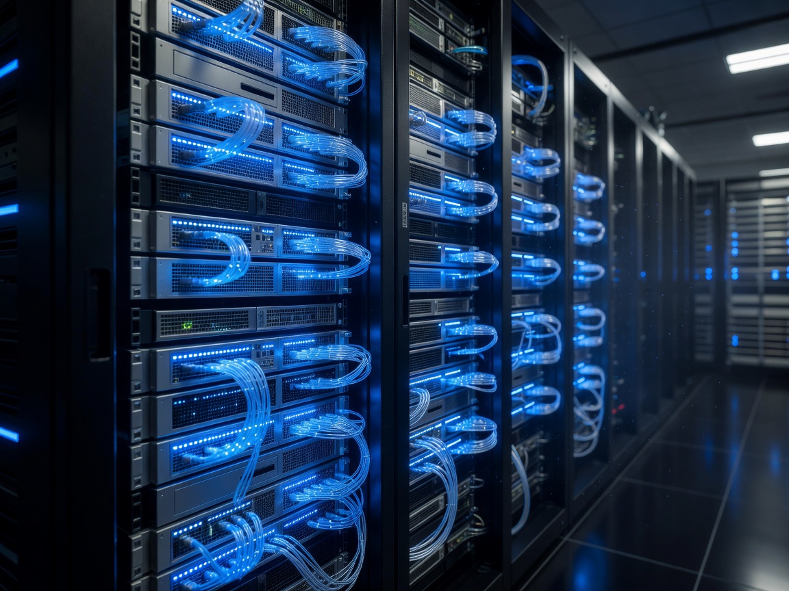 Blue illuminated network server equipment representing session infrastructure