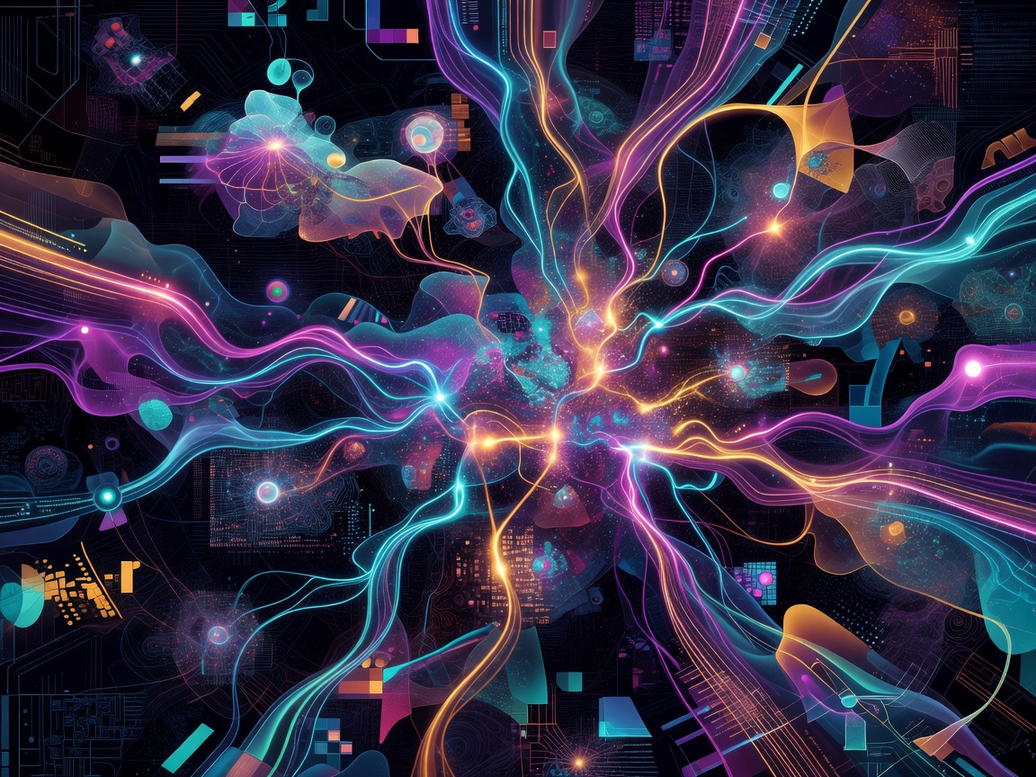 Colorful abstract digital artwork representing an AI image generation matrix